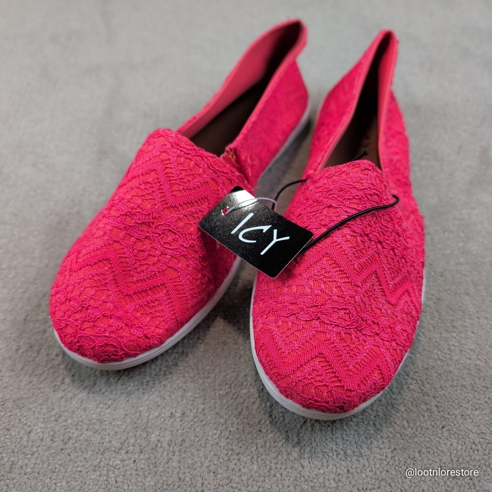 ICY Slip On‎ Shoes Hot Pink Lace Chevron Zigzag Boho Preppy Summer Flat W Size 7